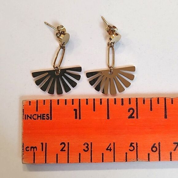 Gold Fan Drop Pierced Earrings - Picture 6 of 8